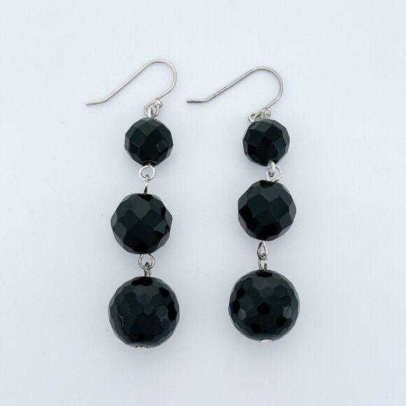Vintage Silver Tone 6cm Faceted Black Glass Bead Dangle Earrings - Picture 1 of 4